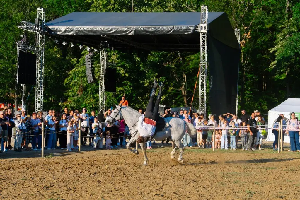 Scena mare a festivalului Legendele Gorjului, cu un cal alb și public în jurul arenei